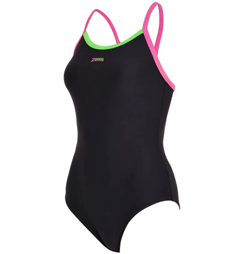 Zoggs Ladies Cannon Strike Back Swimsuit Black/Green/Pink